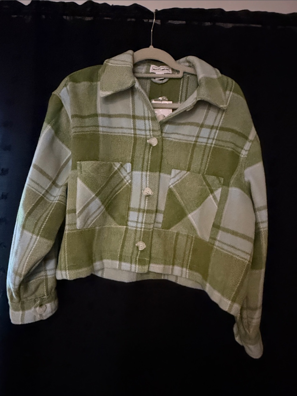 For The Republic Green and Cream Plaid Shirt Jacket